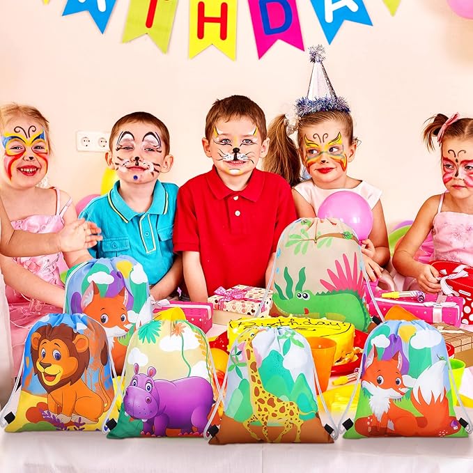 Gerrii 32 Pieces Jungle Animal Drawstring Bags Cartoon Animal Birthday Party Supplies Safari Wildlife Candy Goodie Treat Bags Safari Party Favors Gift for Kids Birthday Boy Girl Holiday Baby Shower