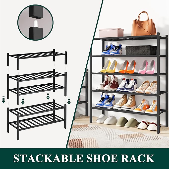 Smiry Bamboo Shoe Rack, 4 Tier Free Standing Wooden Shoe Organizer, Stackable Wood Shoe Storage Shelf for Closet, Entryway, 12 Vertical Slats, 2+2 Stack Standard Legs, 26.8"x11"x26", Black