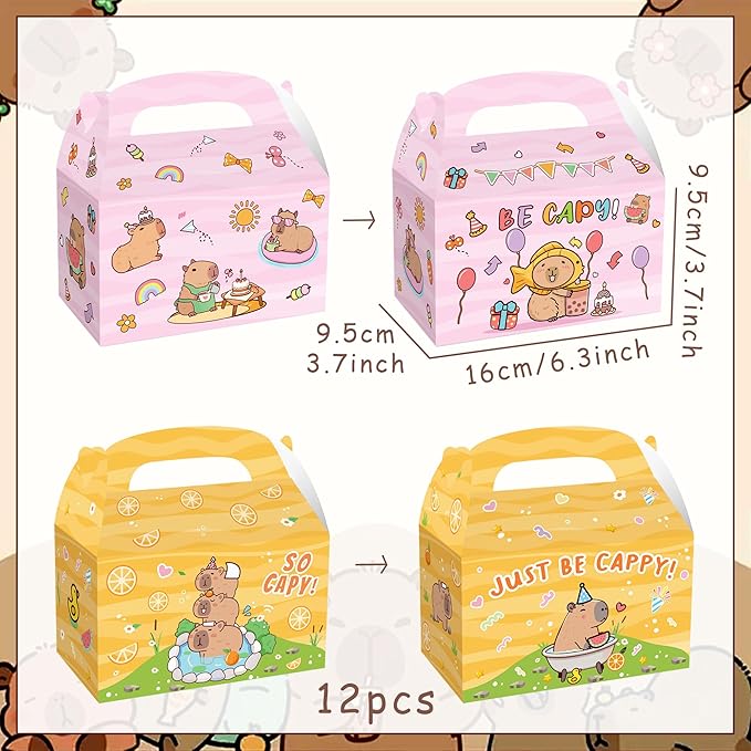 BACH AND BOOZY 12 PCS Capy Party Favor Boxes Popcorn Boxes Candy Goodies Treats Bags Capy Party Supplies for Birthday Baby Shower Party