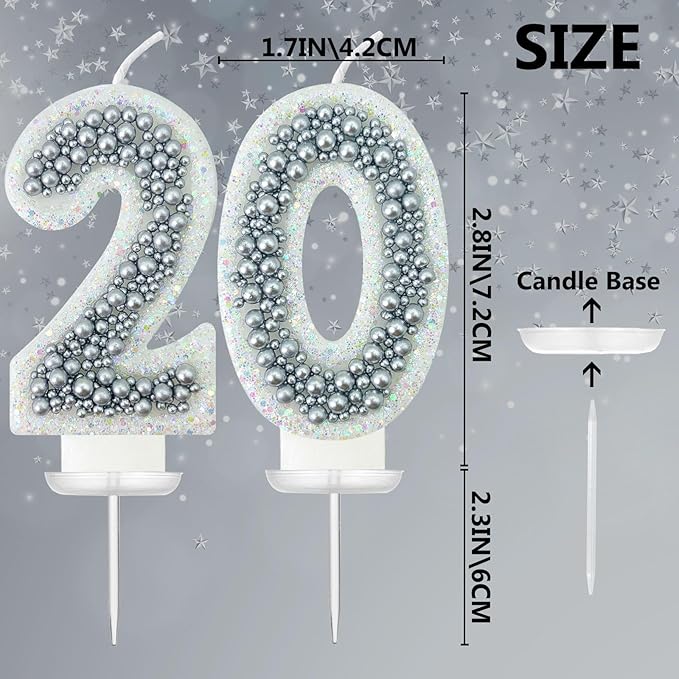 20 Birthday Number Candle for Cake, Glitter Number Candle with Silver Beads, Decorative Cake Topper for Milestone Celebrations