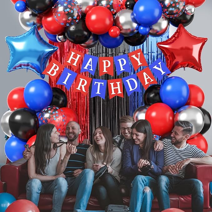 Birthday Decorations for Boys, Red Blue Black Metallic Silver Confetti Latex Foil Balloon Spider Web Party Decoration Happy Birthday Banner Fringe Curtain for Kid Baby Shower Hero Theme Party Supplies
