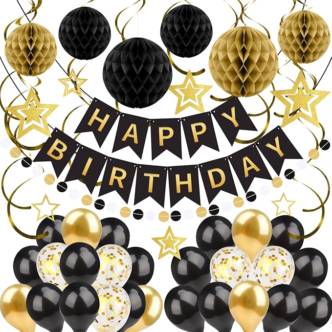 ZERODECO Black Gold Birthday Decorations, Easy to Assemble Happy Birthday Banner with Honeycomb Ball, Balloon, Hanging Swirl Streamer, Garland, Party Decorations for Women Men