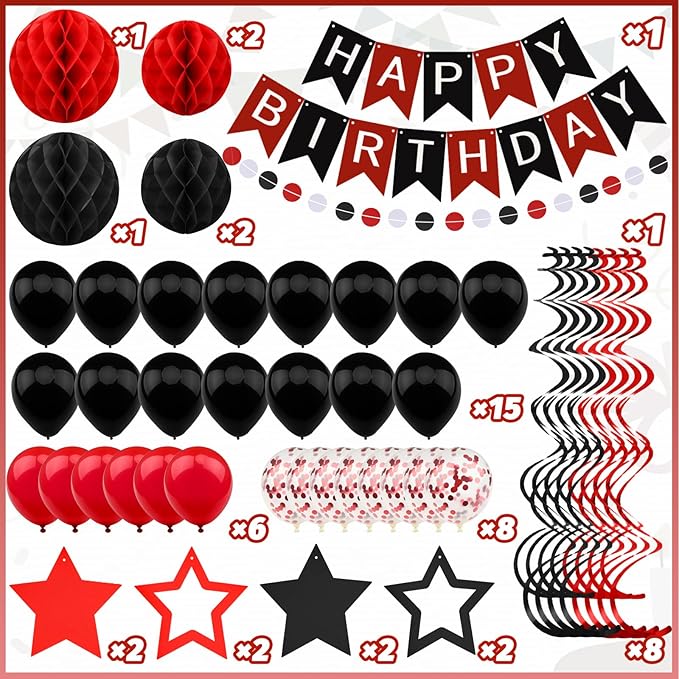 ZERODECO Black Red Birthday Decorations, Happy Birthday Banner with Honeycomb Ball, Hanging Swirl Streamer, Garland, Balloon Happy Birthday Party Decorations for Women Men Boys Girls
