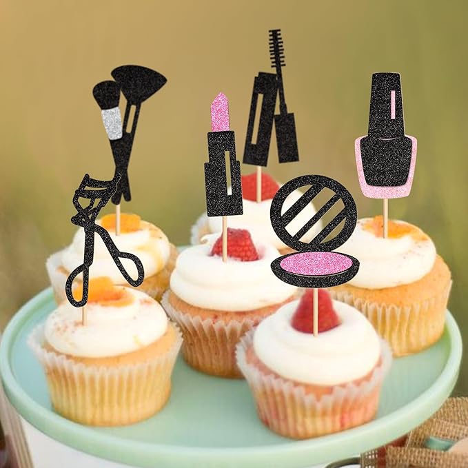 Ercadio 24Pcs Glitter Makeup Cupcake Toppers Mascara Lipstick Cupcake Picks Makeup Brushes Cosmetics Food Picks for Makeup Birthday Cupcake Decors Bridal Shower Bachelorette Party Supplies