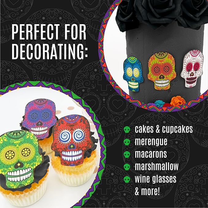 Large Edible Sugar Skulls Assorted Set of 12 - Wafer Cake & Cupcake Toppers - edible sugar skulls for cake decorating - Dia De Los Muertos & Halloween cupcake toppers