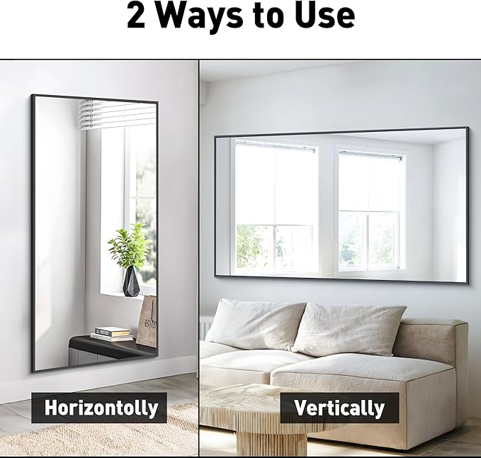 BONEWEI Bathroom Mirror, 30x55 inch Wall Mirror for Bathroom Wall Mounted Black Rectangle Square Corner Mirrors, Black Bathroom Mirror for Living Room, Farmhouse, Bedroom Entryway, Horizontal/Vertical