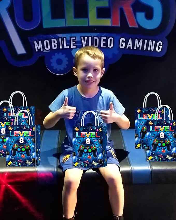 Tyndallrays 16 Pieces Video Game 8th Birthday Party Favors Bags,Video Game Level 8 Gift Snacks Treat Candy Favors Bags with Handles for 8th Birthday Party Decorations