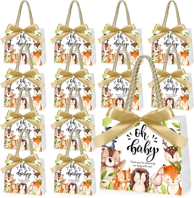 Spakon 25 Sets Woodland Baby Shower Favors Bags Oh Baby Gift Bags with Handle and Bow Ribbon for Newborn Gender Reveal Birthday Party Supplies