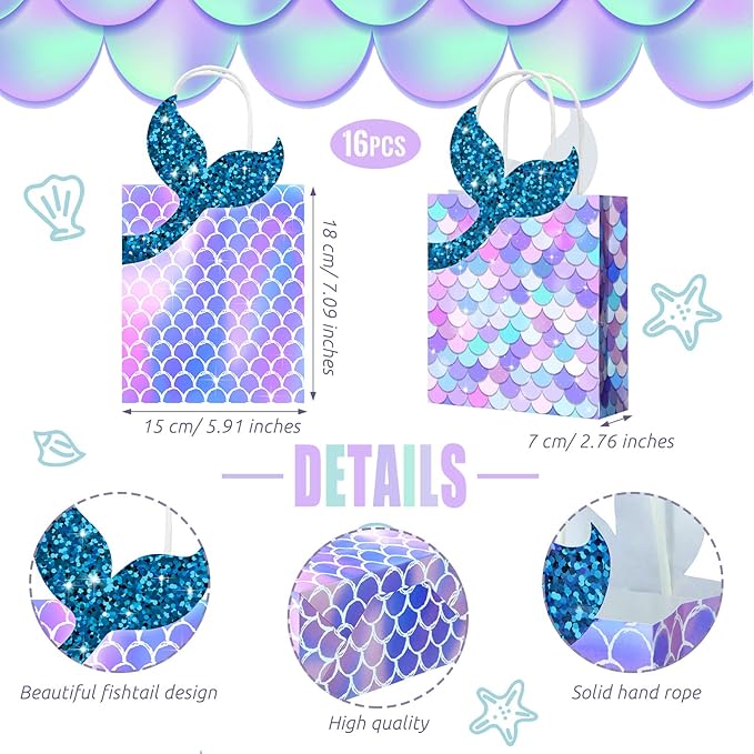 Leinuosen 16 Pcs Mermaid Party Favor Bags Mermaid Gift paper Bags with Handles Princess Theme Birthday Decoration Treat Candy wrap packs for Baby Shower Birthday Pool Party Supplies