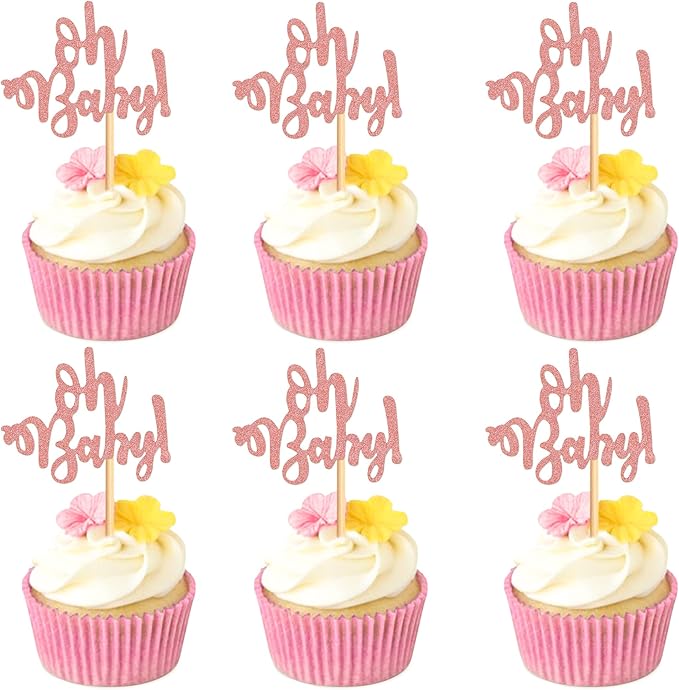Ercadio 24 Pcs Oh Baby Cupcake Toppers Glitter Rose Gold Cake Topoper for Boy or Girl Theme Baby Shower Cupcake Picks Kids Birthday Party Cake Decorations Supplies