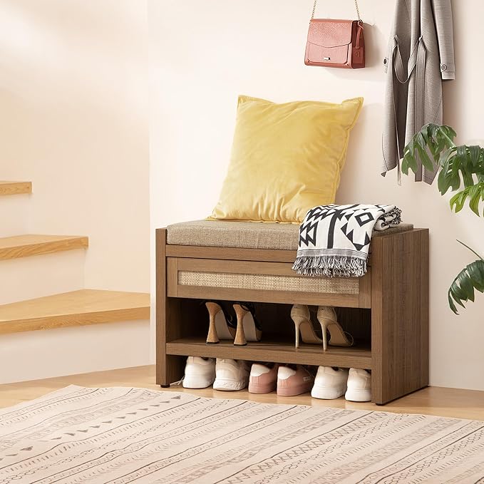 SICOTAS Rattan Shoe Bench Entryway Bench with Storage Drawer and Linen Seat Cushion, Farmhouse Boho Shoe Rack with Shelf, Wooden Storage Bench for Entryway Hallway and Bedroom, Caramel Oak