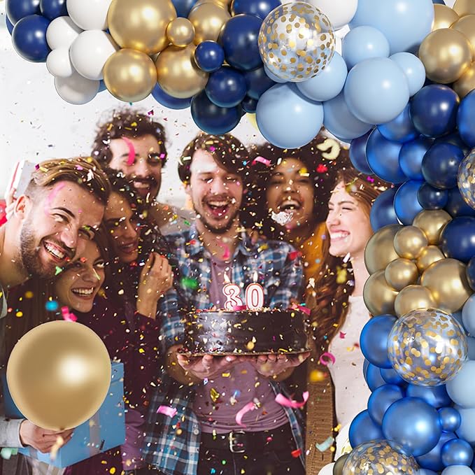 Ouddy Life 156Pcs Navy Blue and Gold Balloon Garland Arch Kit, Royal Blue White Metallic Gold Confetti Mixed Sizes Balloons for Baby Shower Wedding Birthday Anniversary Graduation Party Decorations