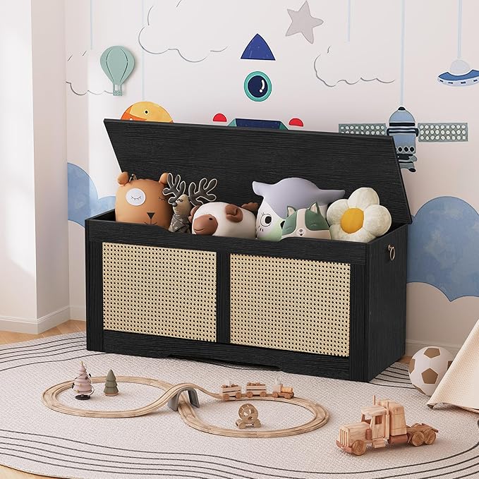 HOOBRO Storage Bench, 43.3" Toy Box, Rattan-Like Storage Chest, Sturdy Entryway Bench Supports 220 lb, Toy Chest, Safety Hinge, U-Shaped Opening, Easy Assembly, Black BB22CW01