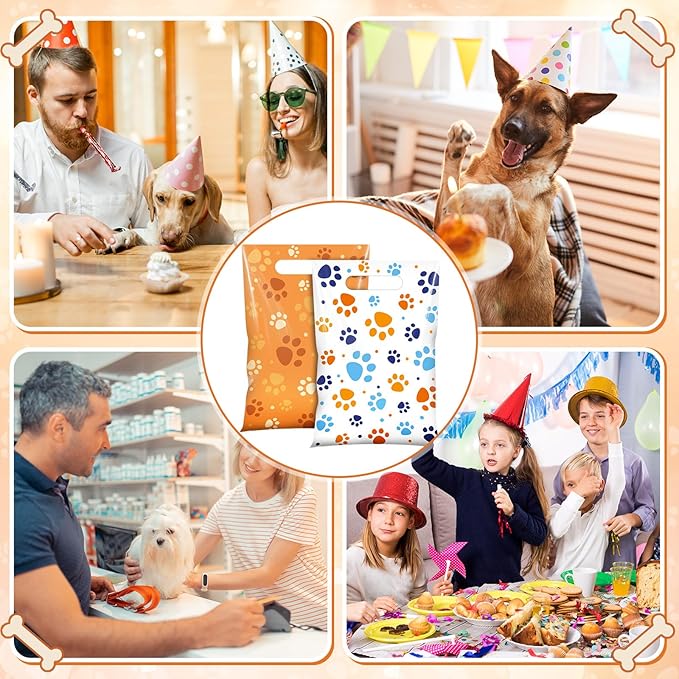 Pasimy 100 Pcs Dog Paw Gift Bags Bulk Pet Paw Puppy Plastic Treat Favor Candy Goodie Bags with Handle for Dog Birthday Party Decoration Supplies(Orange White)