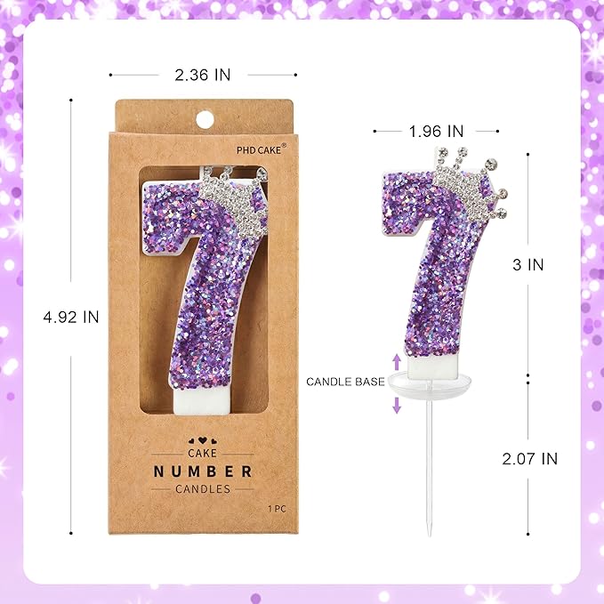 Birthday Number Candles,Purple Crown Birthday Candles for Cake,Glitter Number 7 Candle Cake Topper with Sequins for Anniversary Celebrations Supplies