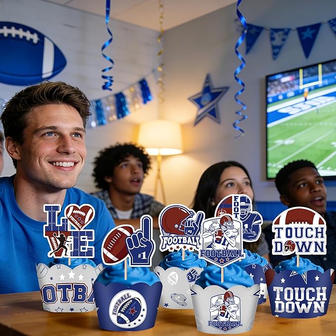 Cowboy Football Birthday Decorations - 48 Pcs American Rugby Sports Paper Party Cupcake Toppers and Liners, Game Day Happy Bday Cake Picks Baking Cups Wrappers Supplies Decor for Boys Men