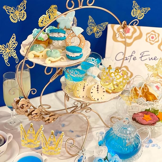 42PCS Mini Crown Cake Topper Mini Tiara with 3D Gold Butterfly Decoration Vintage Pearl Rhinestone Crown Cake Topper Cupcake Topper Cake Decoration for Birthday Wedding Anniversity Party Baby Shower