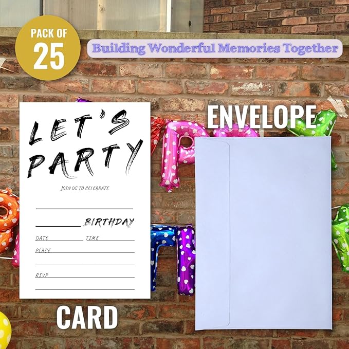 Birthday Let's Party Invitations, Simple Black and White Handwriting Style Design Invites with Envelopes for Girls Boys Teens Kids, 25 Pcs 4x6 Inch (Black Handwriting Simple)
