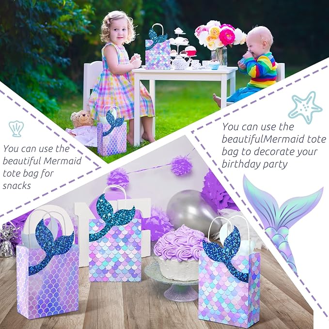 Leinuosen 16 Pcs Mermaid Party Favor Bags Mermaid Gift paper Bags with Handles Princess Theme Birthday Decoration Treat Candy wrap packs for Baby Shower Birthday Pool Party Supplies