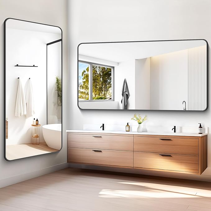 BONEWEI 72x36 inch Large Bathroom Mirror,Black Rectangle Mirror,Wall Mounted Bathroom Frame Vanity Mirror with Round Corner for Bedroom Living Room,Entryway Hangs Horizontal or Vertical