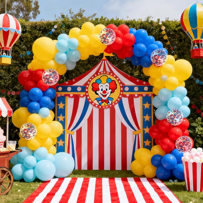 RUBFAC Carnival Circus Theme Party Decorations, Primary Color Balloon Arch Kit, 120pcs Red Blue Yellow Party Balloons Rainbow Confetti and Star Foil Balloons for Birthday Carnival Theme Decorations