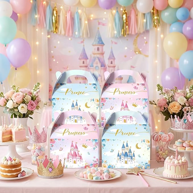 Nezyo Princess and Prince Treat Boxes - Pink & Blue Crown Cardboard Goodie Boxes for Birthday Party Favors(24 Pcs,Prince and Princess)