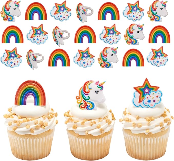 DecoPac Rainbow Unicorn Rings, Cupcake Decorations, Magical Food Safe Cake Toppers, Multi-Coloured – 24 Pack