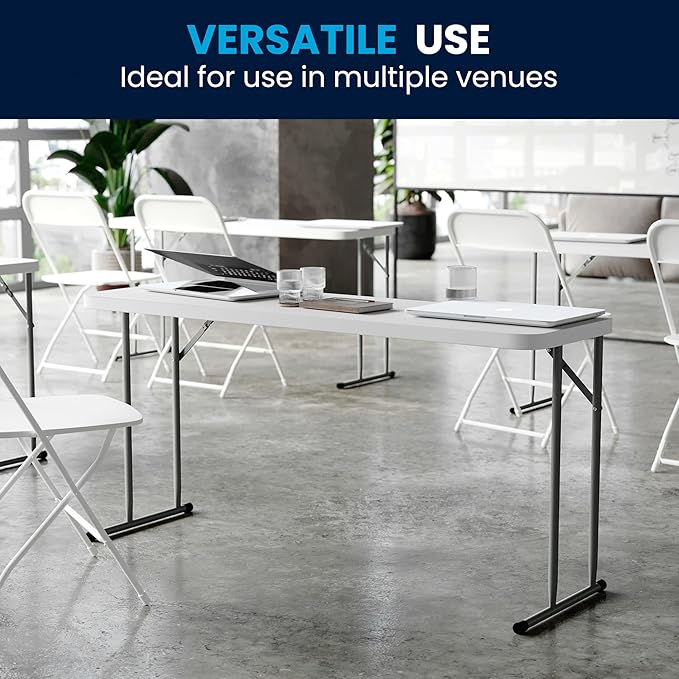 Flash Furniture Kathryn 5' Rectangular Plastic Folding Table, Long Plastic Foldable Table for Indoor/Outdoor Events, White