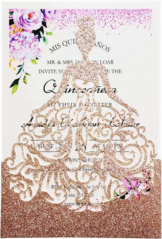 50PCS Wedding Invitations Cards with Envelopes 5 x7.3 Inch Laser Cut Hollow Girl Princess Pocket with Envelopes Crown Invitations Cards for Quinceanera Birthday Sweet 16, Party Invite (Rose Gold Glitter)