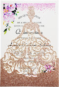 5 x7.3 Inch 20PCS Blank Quinceanera Invitations Kit Laser Cut Hollow Girl Princess Pocket with Envelopes Crown Invitations Cards for Quinceañera Birthday Party Invite (Rose Gold Glitter)