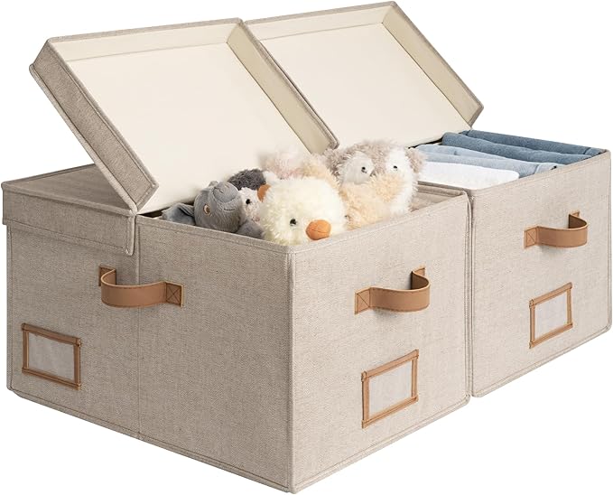 StorageWorks Large Clothes Storage Bins, Fabric Boxes with Divider Board, Baskets for Clothes, Linen Closet Organizers with Lid, Mixing of Brown & Beige, 2-Pack