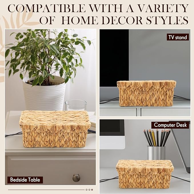 Patelai 2 Pack Scalloped Cable Management Box, Handwoven Water Hyacinth Cord Cable Organizer Box with Lid, 2 Open Slots Cord Basket for Power Strips & TV Wires, Desk, Floor, Office (Natural Color)