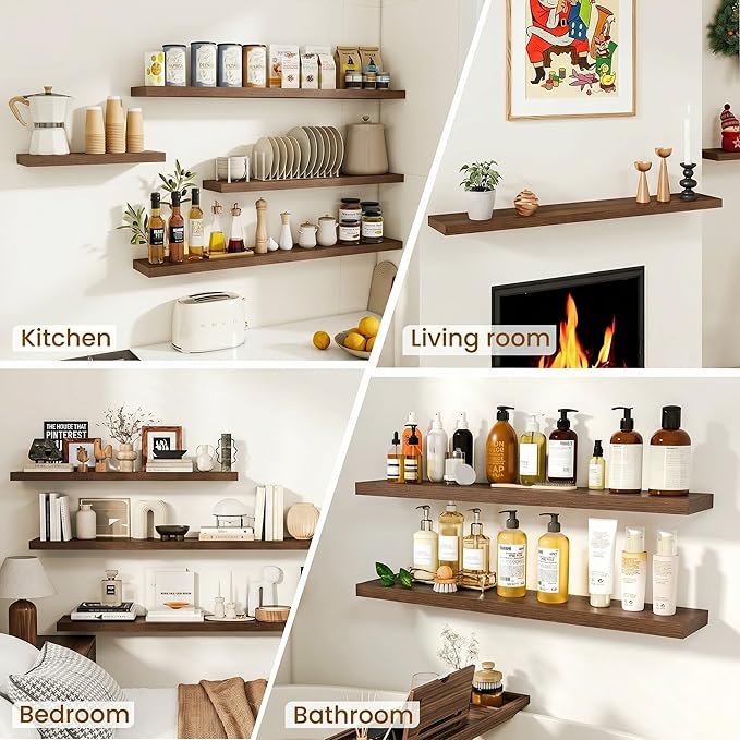 Dreamland 36Inch Floating Shelves for Wall, Rustic Wooden Walnut Floating Shelves for Bathroom|Bedroom|Kitchen, Deep Wall Mounted Book Shelf, Wood Storage Display Shelf for Home Decor, Set of 2