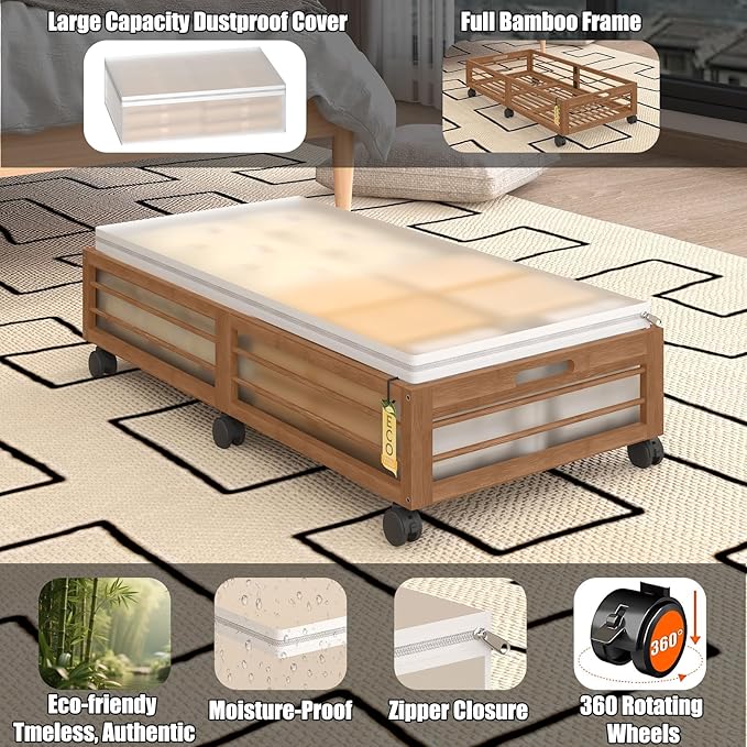 Bamboo Underbed Storage Containers with Wheels & Bag 2 Pack, Large Under Bed Rolling Storage Bins Wood Under Bed Clothes Storage Stackable Drawers for Bedroom Closet Under Crib Toy(Walnut)