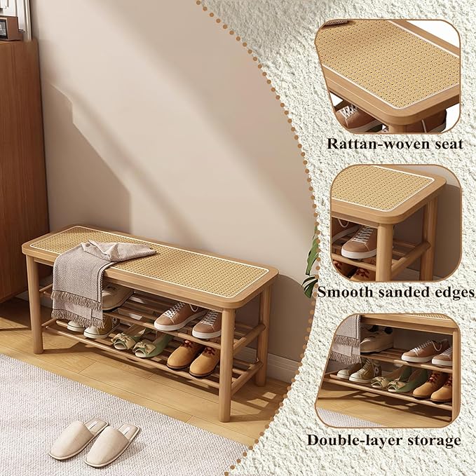 SOBIBO Bamboo Shoe Rack Bench with Rattan Seat, 3-Tier Shoe Storage Bench, Entryway Bench for Hallway,Nature-39.4 inches