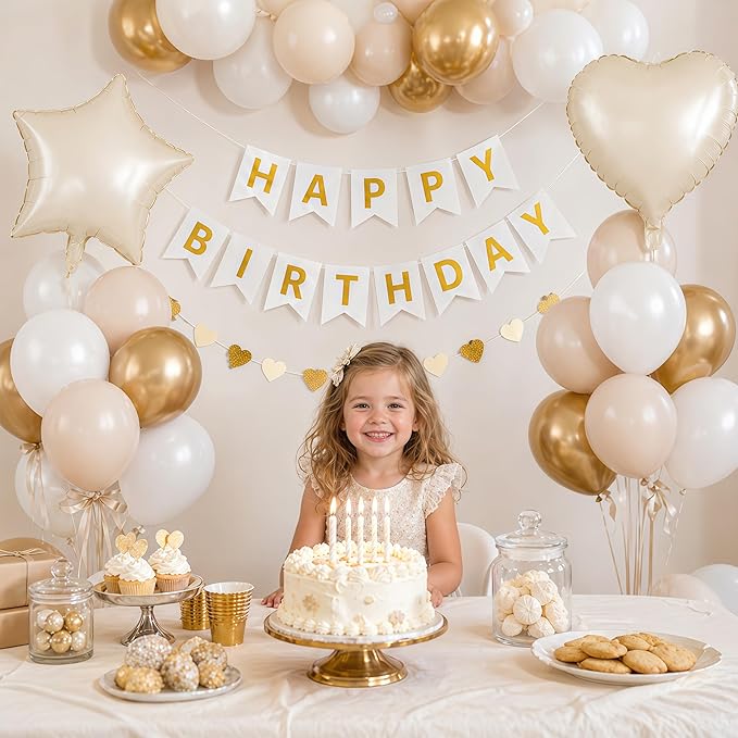 White and Gold Birthday Party Decorations for Women Girls Metallic Gold White Sand Balloon Set with Star Heart Foil Balloons Happy Birthday Bunting Banner Garland Neutral Cream Beige Party Decor Kit
