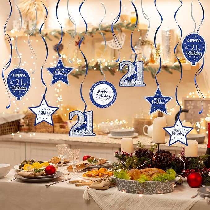 Happy 21st Birthday Blue & Silver Glitter Swirls Streamers Party Decorations - 15 Pcs 21st Birthday Hanging Swirls Streamers Kit,Perfect for 21st Bday Party Sign.