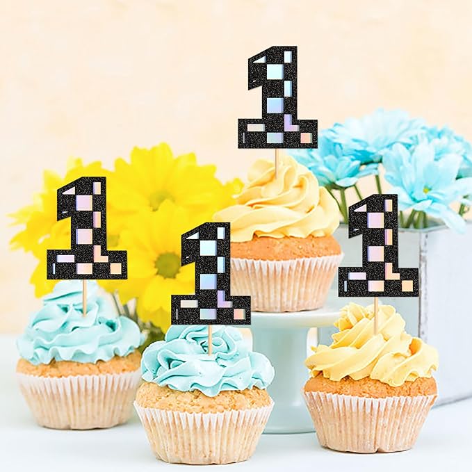 Ercadio 24Pcs Number 1 Cupcake Toppers Checkered One Cupcake Picks for Smiley Assorted Racing Car Theme Baby Shower 1st Birthday Party Cake Decoration Supplies