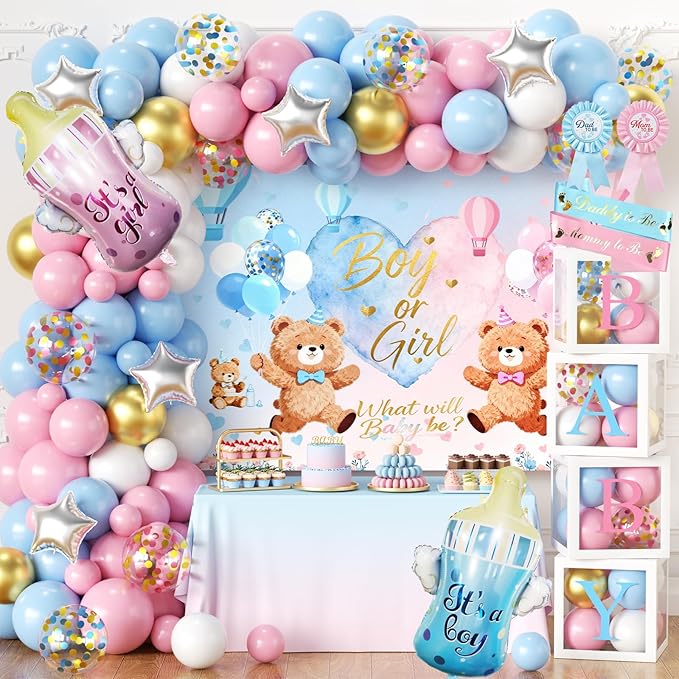 Bear Gender Reveal Baby Shower Decorations Party Kit,167pcs Pink Blue Balloon Garland Arch,Backdrop,Balloon Boxes,and Cute Gender Reveal Supplies for Boy or Girl Baby Shower,Gender Reveal Party