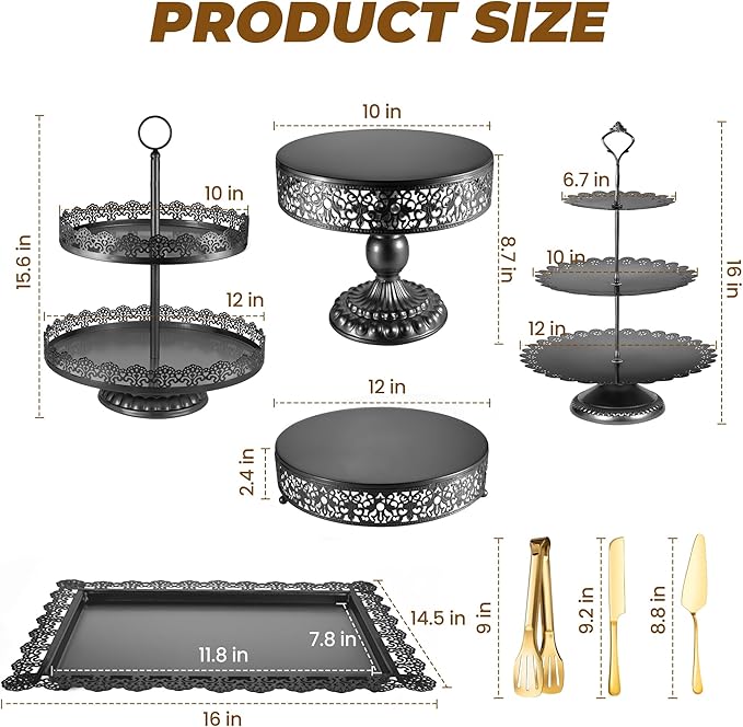 Black Cake Stand, Dessert Table Display Sets Metal Tiered Cupcake Holder Food Fruit Candy Plate Serving Tower Tray Platter With Tong, Cake Knife and Server Set For Wedding Birthday Party Decor 11PCS