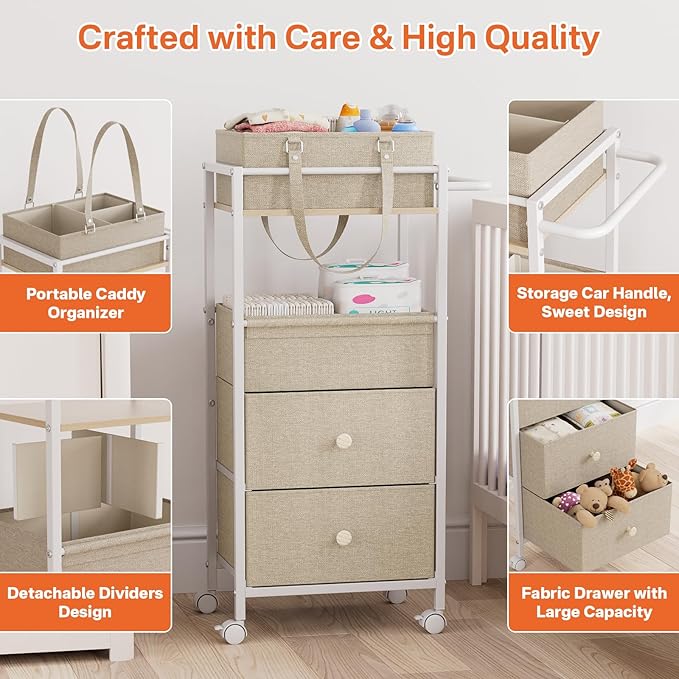 Modanais Baby Diaper Caddy Organizer Cart with Drawers - 3In1 Rolling Storage Cart with Wheels, Removable Diaper Caddy, Detachable Dividers - for Crib, Bedroom, Art & Craft Organizer (Off White)