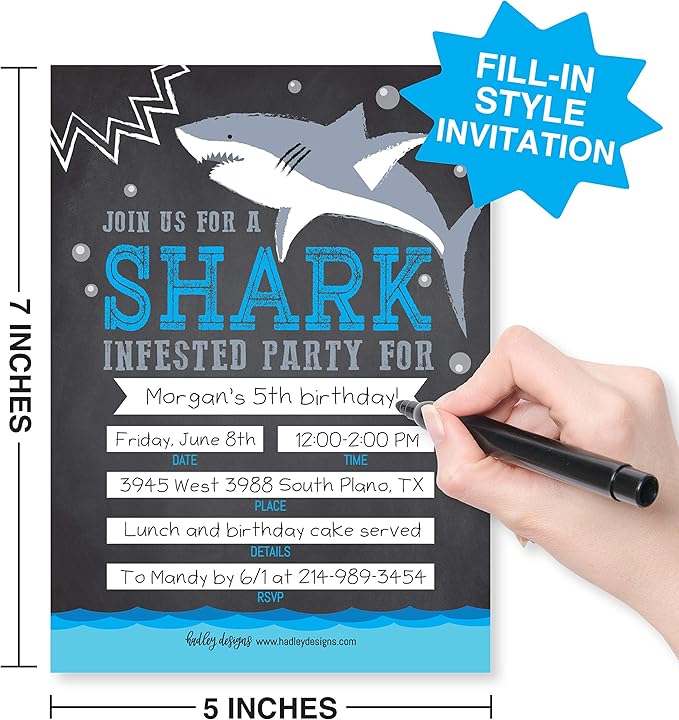 Hadley Designs Kids Birthday Invitations For Boys Shark Theme - 25 Shark Birthday Party Invitations For Boys, Sea Creature Invites For Boy, Cute Ocean Party Supplies, Made In USA