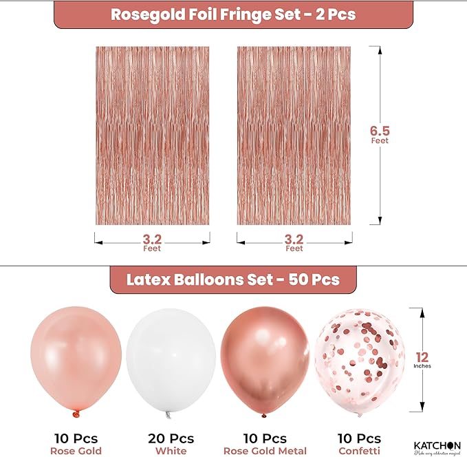 KatchOn Rose Gold Party Decorations Set – Pack of 52 | Rose Gold Fringe Backdrop with Latex Balloons Confetti Balloons for Birthday, Wedding, Anniversary, Bridal Shower, Bachelorette Party Decorations