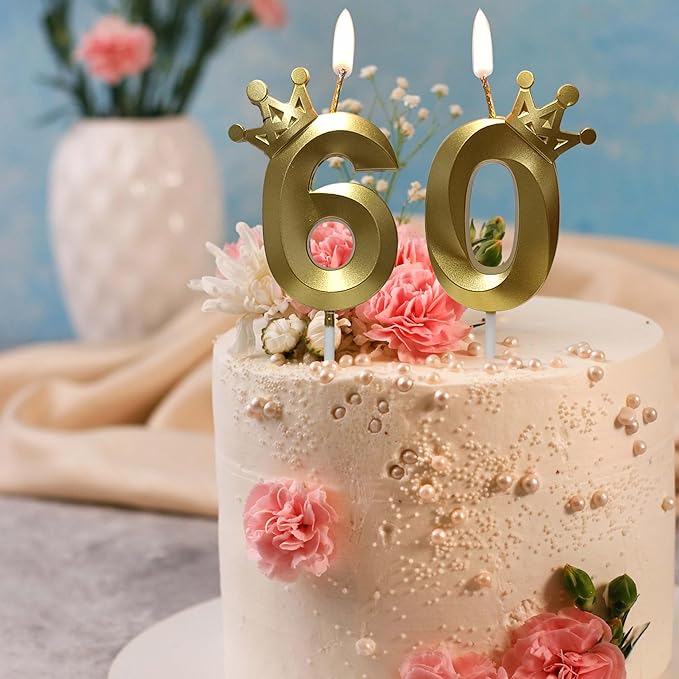 The Number 60 Gold Birthday Candles for Cake is Beautiful Number Candles for 60th Birthday Decorations for Man and Women(Gold-60, Crown)