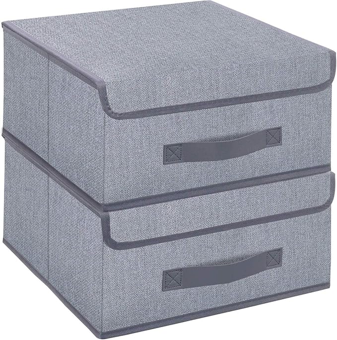 Onlyeasy Foldable Storage Bins Cubes Boxes with Lid - Storage Box Cube Cubby Basket Closet Organizer Pack of 2 with Leather Handles for Closet Bedroom, 13" x 13", Linen-like Grey, MXDLB2P
