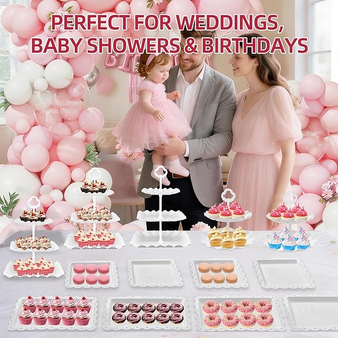 13PCS Cupcake Stand Set, 2-Tier Round & 3-Tier Square Trays, 4 Small Square + 4 Rectangle Platters, Tiered Dessert Display for Candy Cookies Cake Pops, Wedding Baby Shower Birthday Party Decorations