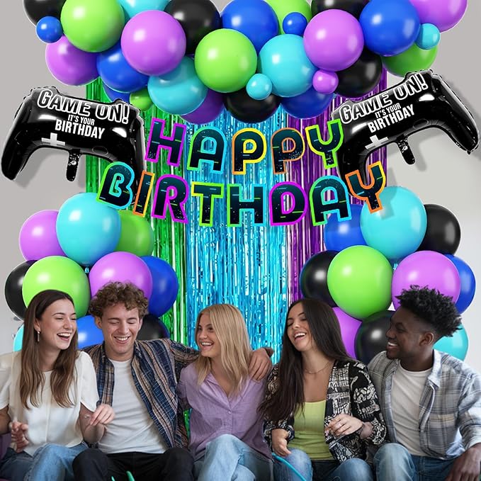 Video Game Birthday Decorations for Boys, Purple Blue Green Black Latex Balloons Gaming Controller Foil Balloons Happy Birthday Banner Fringe Curtain Cake Topper for Kids Boy Game Night Party Decor