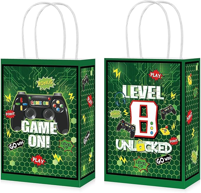Grencian 16Pcs Video Game 8th Birthday Party Favor Bags Green Gamer 8th Birthday Candy Treat Gift Goodie Bags with Handles Gaming Level 8 Decorations for Boys Kids 8 Years Old Party Favors