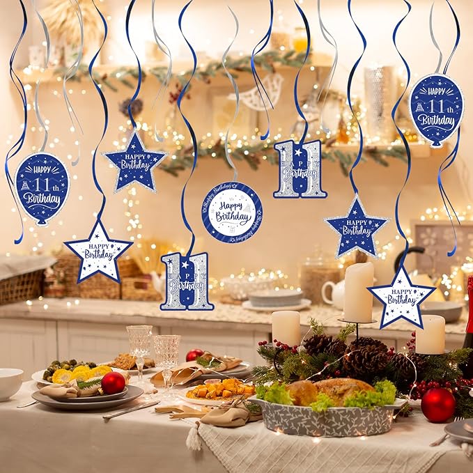 Happy 11th Birthday Blue & Silver Glitter Swirls Streamers Party Decorations - 15 Pcs 11th Birthday Hanging Swirls Streamers Kit,Cheers to Eleven Years Old Bday Party Sign.