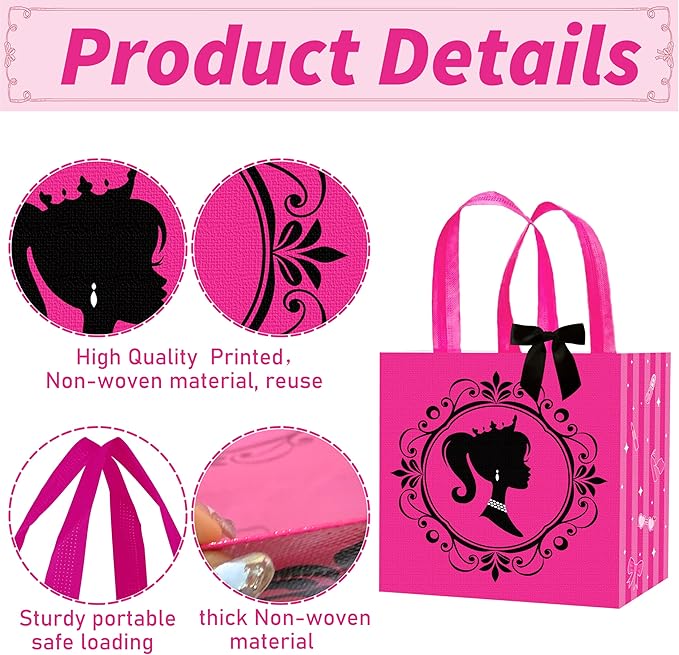C L cooper life 12pcs Hot Pink Girl Party Gift Treat Bags with Handles Pink Girl Grocery Shopping Bag Princess Theme Non-Woven Bags for Girls Birthday Party Ladies Bachelorette Party Supplies